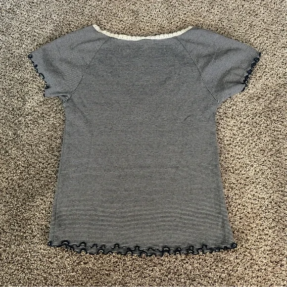 LEVIS S Navy Blue White Stripe V Neck Tee Lettuce Edge Sleeves Bow R $34 - Picture 9 of 11